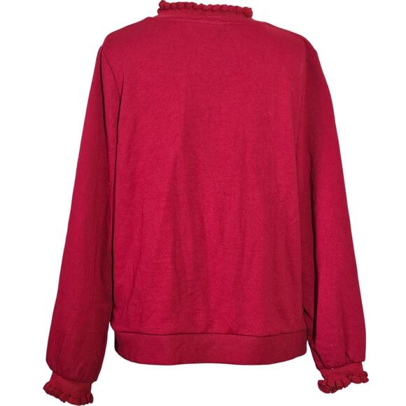 Red Ruffle Neckline Cotton Blend Sweatshirt Size XL - Picture 2 of 4